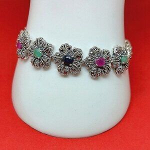 Natural Oval Emerald 5x4mm Ruby Sapphire‎ Marcasite 925 Sterling Silver Bracelet